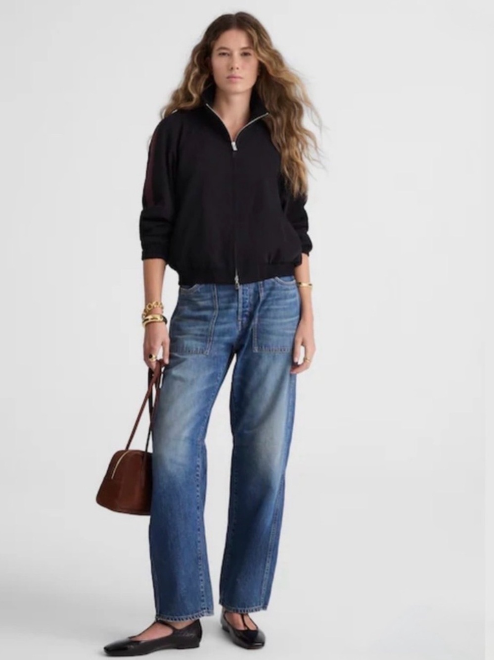 Madewell Zip Front Track Jacket Black with Brown Stripe size Small